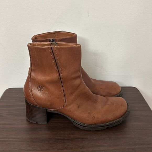 Timberland Brown Leather Y2K Block Heeled Boots Sz 10 - Picture 1 of 7